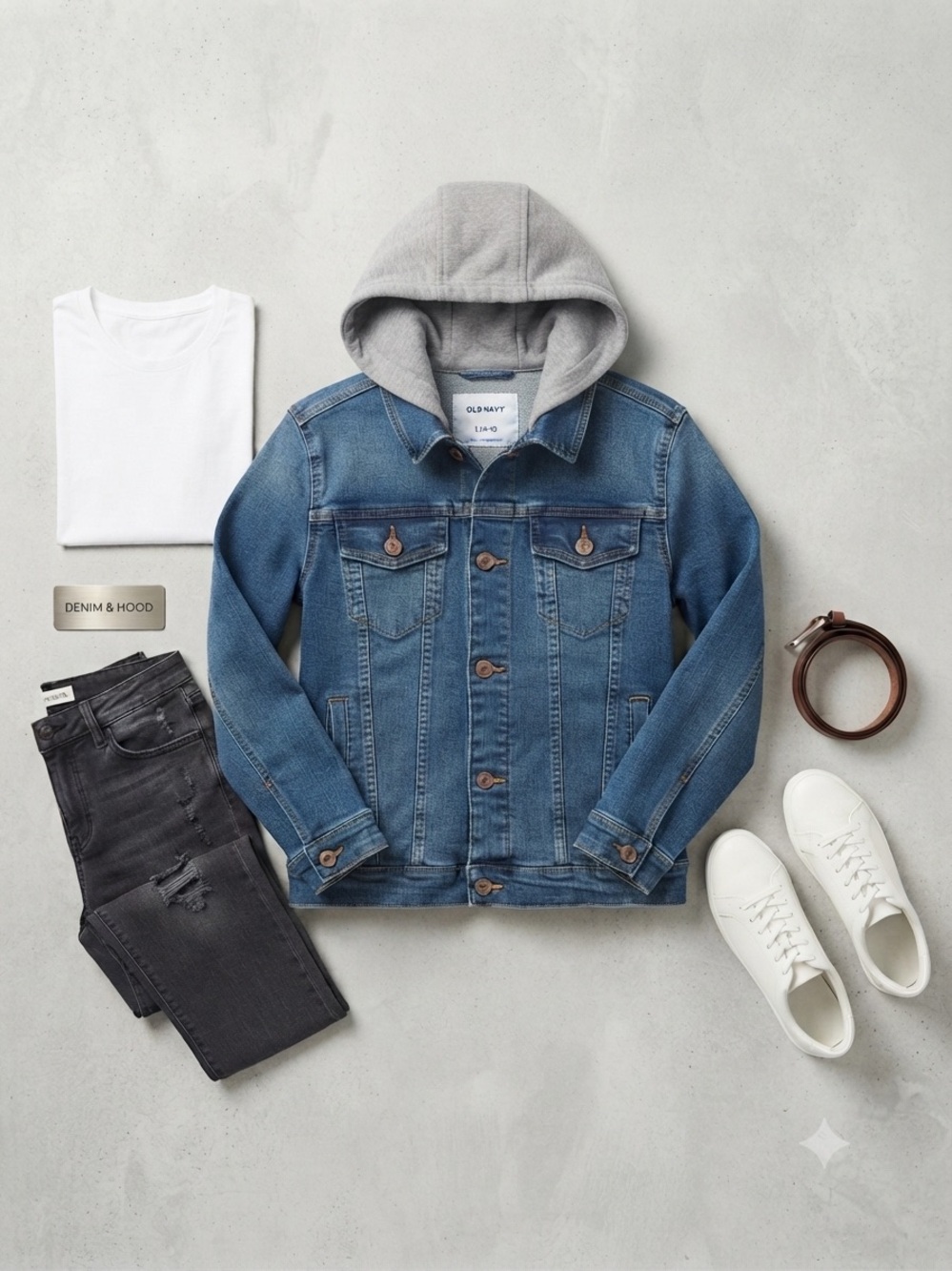 Old Navy Kids Denim Jacket with Grey Fleece Hood - Size L (10-12)